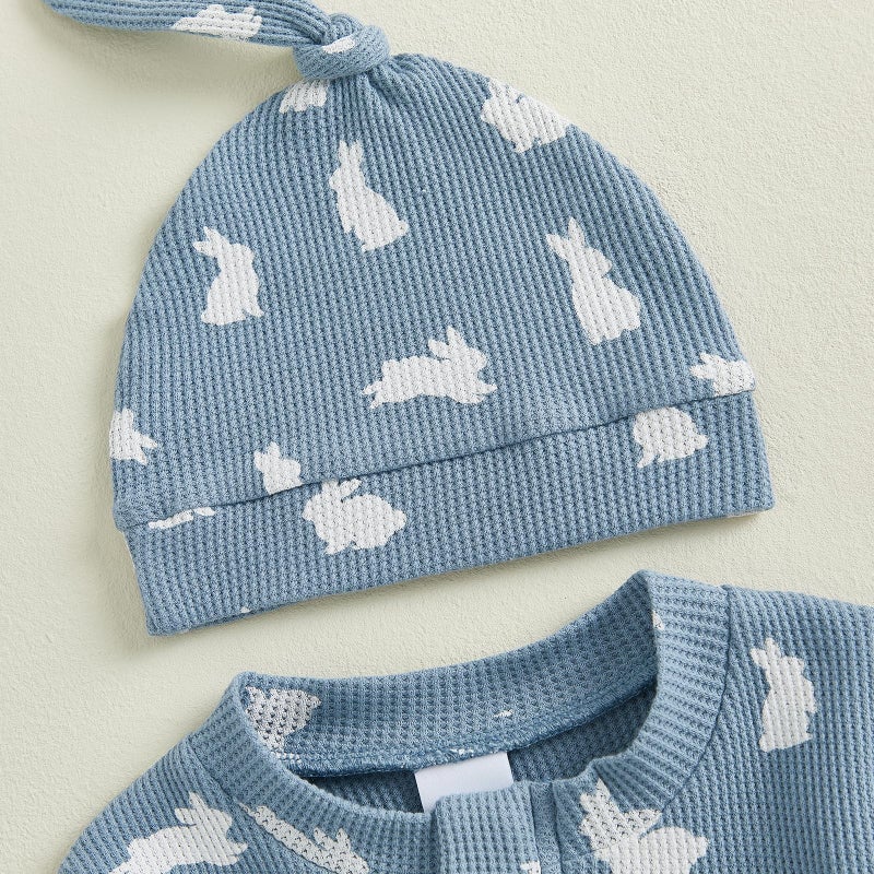 YINGISFITM My First Easter Baby Girl Boy Outfit Footie Romper Waffle Knit Zipper Onesie Jumpsuit Newborn Easter Clothes (Blue bunny, 0-3 Months) - Image 4