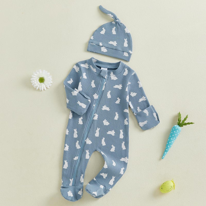YINGISFITM My First Easter Baby Girl Boy Outfit Footie Romper Waffle Knit Zipper Onesie Jumpsuit Newborn Easter Clothes (Blue bunny, 0-3 Months) - Image 2