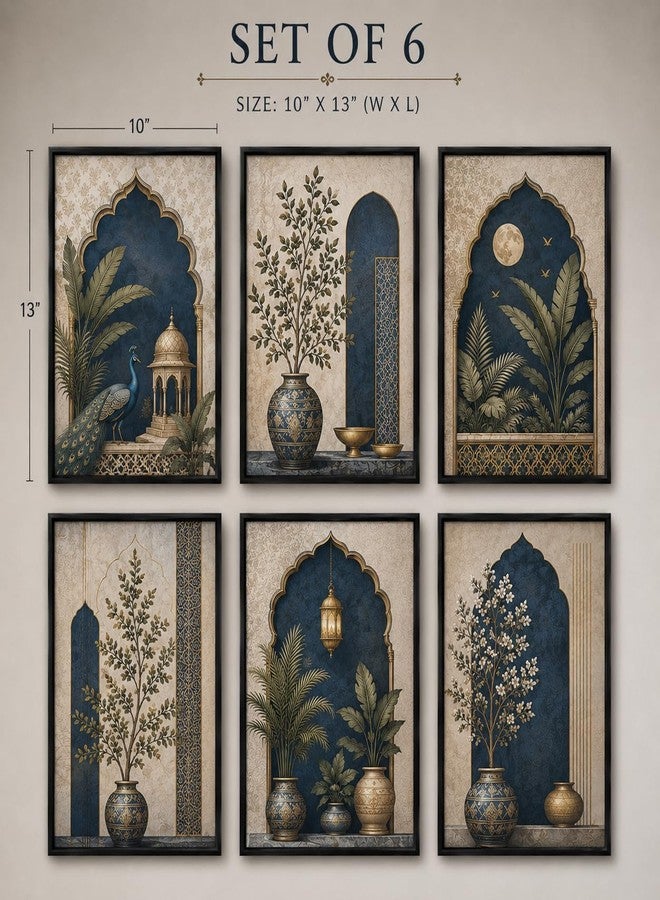 Artsense Mughal Botanical Wall Art Set of 6 | Royal Peacock Arch Floral Decorative Paintings | Traditional Indian Palace Aesthetic Wall Decor for Living Room Bedroom Office - Image 5