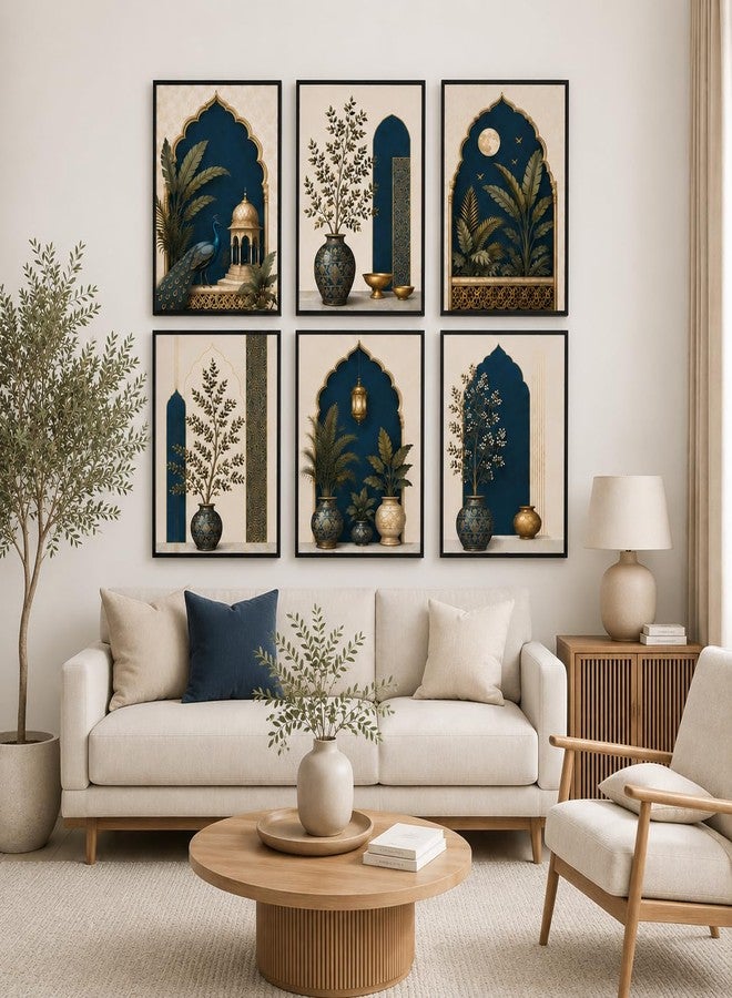 Artsense Mughal Botanical Wall Art Set of 6 | Royal Peacock Arch Floral Decorative Paintings | Traditional Indian Palace Aesthetic Wall Decor for Living Room Bedroom Office - Image 1