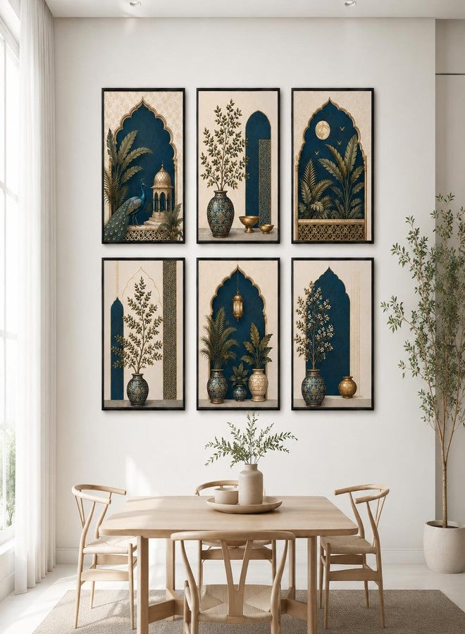 Artsense Mughal Botanical Wall Art Set of 6 | Royal Peacock Arch Floral Decorative Paintings | Traditional Indian Palace Aesthetic Wall Decor for Living Room Bedroom Office - Image 4