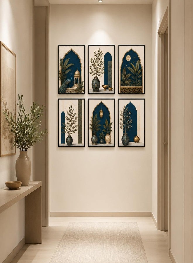Artsense Mughal Botanical Wall Art Set of 6 | Royal Peacock Arch Floral Decorative Paintings | Traditional Indian Palace Aesthetic Wall Decor for Living Room Bedroom Office - Image 2