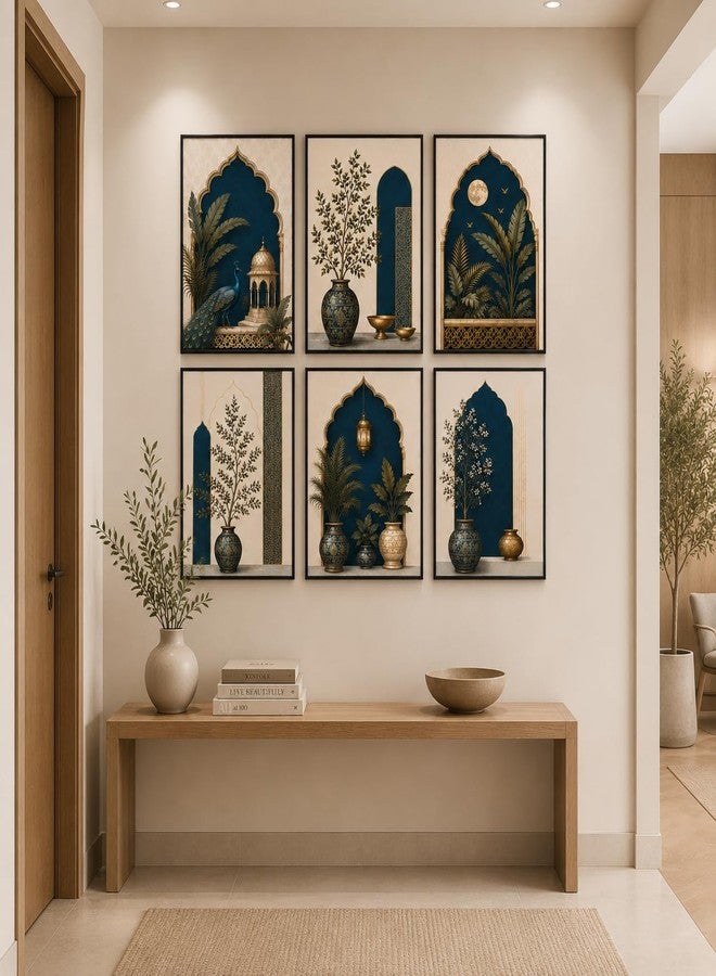 Artsense Mughal Botanical Wall Art Set of 6 | Royal Peacock Arch Floral Decorative Paintings | Traditional Indian Palace Aesthetic Wall Decor for Living Room Bedroom Office - Image 3