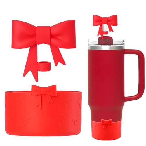 Lnulyaciy Bow Silicone Protective for Stanley Boot for 20/30/40Oz, 2 Pack for Stanley Cup Accessories Compatible 12-24Oz for Hydroflask Boot and More (Red Set) - Image 1