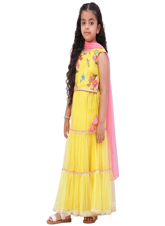 BIBA Girl Printed Relaxed Silk Blend Readymade Lehenga Choli Set (Kw4966_Lime Yellow_5) - Image 1