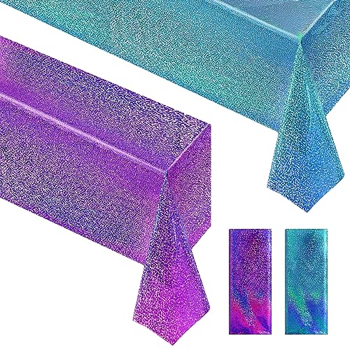 Just Shimmer Blue & Purple Holographic Laser Tablecloth 40" x 108" Iridescence Frozen Mermaid Birthday Party Table Cloth Plastic Foil Table Cover For Under The Sea Ocean Winter Wedding Anniversary Party Supplies - Image 1