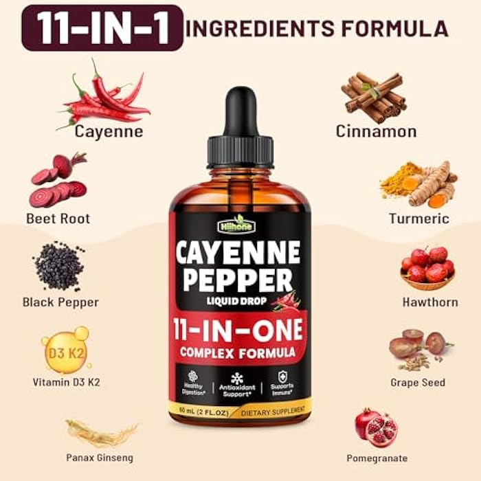 HIIHONE 11-in-1 Cayenne Pepper Drops - Herbal Supplement with Hawthorn, Beet Root & Cinnamom - Supports Healthy Digestion & Immune - 2 FL Oz - Image 2