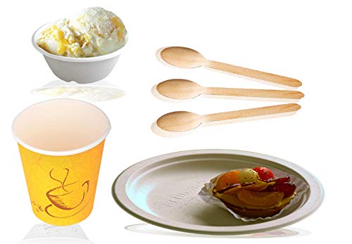Ssanvi Disposable Dinner Set Heavy Paper 10 inch Round Plate 240 ml Bowl 14 Cm Wooden Spoon 250 ml Yellow Glass All Serving Dinner Lunch Combo Set White Set of 25 - Image 1