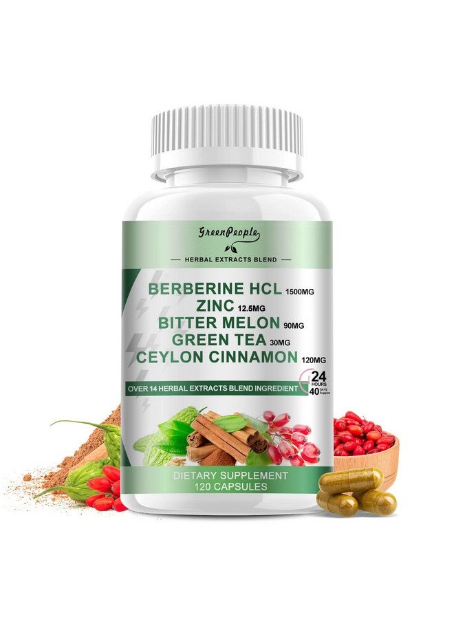 GREENPEOPLE مكمل بيربرين من GREENPEOPLE مع قرفة سيلون - 120 حبة بيربرين 1500 ملغ ينشط AMPK و GLP-1 بيربرين HCL مع البطيخ المر والأعشاب الطبيعية لدعم المناعة/الطاقة - Image 1