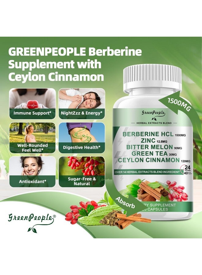 GREENPEOPLE مكمل بيربرين من GREENPEOPLE مع قرفة سيلون - 120 حبة بيربرين 1500 ملغ ينشط AMPK و GLP-1 بيربرين HCL مع البطيخ المر والأعشاب الطبيعية لدعم المناعة/الطاقة - Image 3