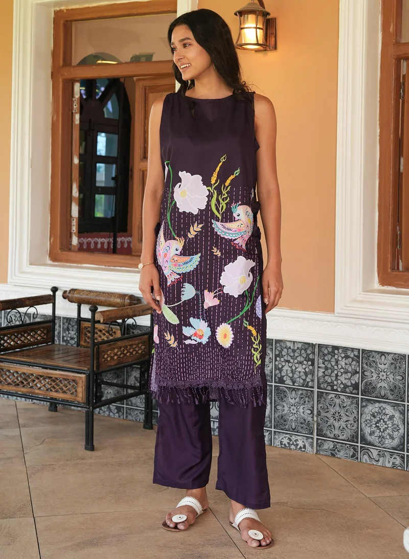QISSA Women's Grape Purple Edena Mural Kurta Set