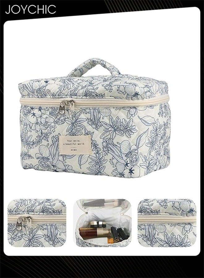 Joychic 3 pcs Women Makeup Bag Set Quilted Floral Coquette Aesthetic Make up Bags Travel Cosmetic Bags Toiletry Organizer Bag Navy Blue Flower Cosmetic Bag with a Top Handle - Image 2