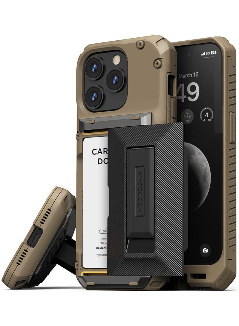 Damda Glide Hybrid iPhone 15 PRO Case Cover Wallet with Semi Automatic Credit Card Holder Slot [3-4 Cards] & Kickstand - Khaki Groove