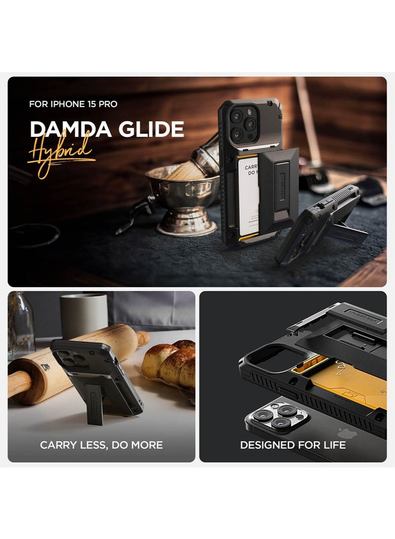 Damda Glide Hybrid iPhone 15 PRO Case Cover Wallet with Semi Automatic Credit Card Holder Slot [3-4 Cards] & Kickstand - Khaki Groove