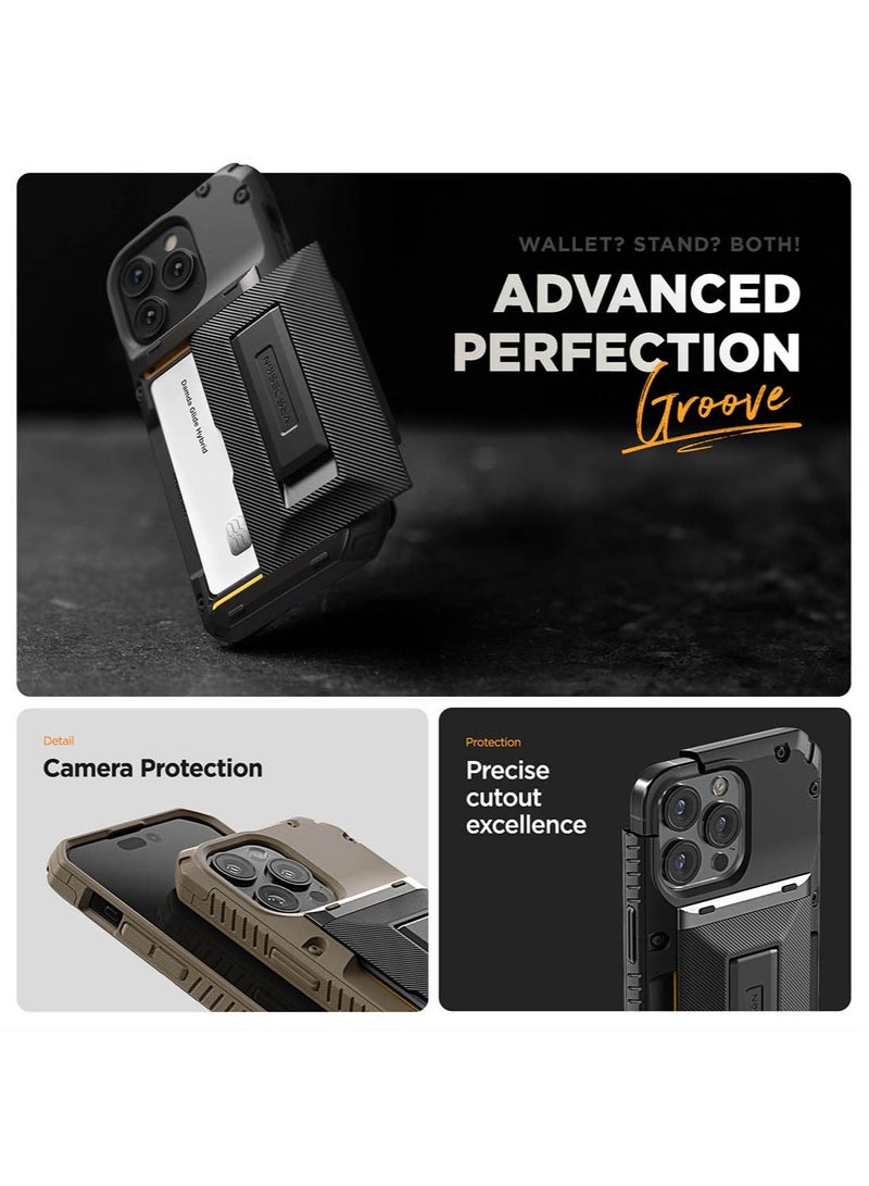 Damda Glide Hybrid iPhone 15 PRO Case Cover Wallet with Semi Automatic Credit Card Holder Slot [3-4 Cards] & Kickstand - Khaki Groove