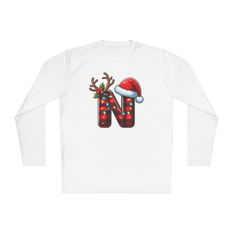 Christmas design with the first letter of name Merry Christmas Festive HolidayT-Shirt White Long Sleeve T Shirt N Birthday Hat Tee-60 (White, XX Large) (White, Large) - Image 3