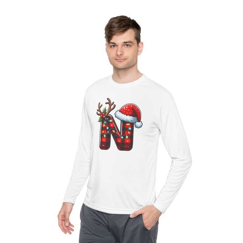 Christmas design with the first letter of name Merry Christmas Festive HolidayT-Shirt White Long Sleeve T Shirt N Birthday Hat Tee-60 (White, XX Large) (White, Large) - Image 2