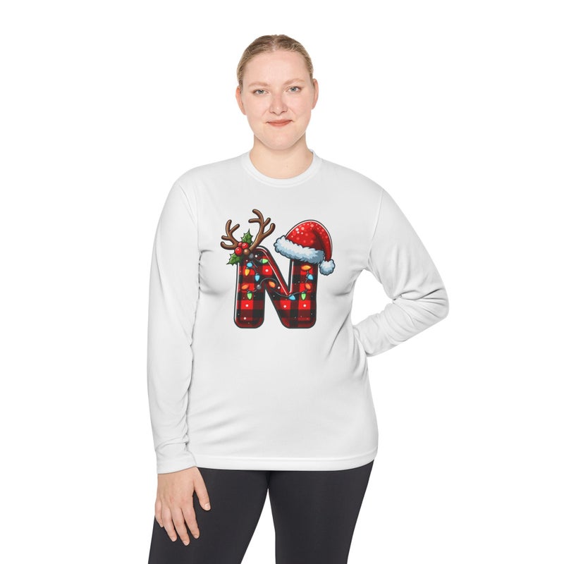 Christmas design with the first letter of name Merry Christmas Festive HolidayT-Shirt White Long Sleeve T Shirt N Birthday Hat Tee-60 (White, XX Large) (White, Large) - Image 1