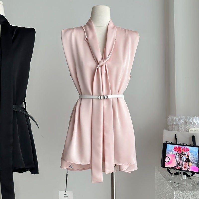 Elegant Ribbon Sleeveless Satin Shirt Top Womens Waisted French Loose Shirt Belt Pink - Image 1
