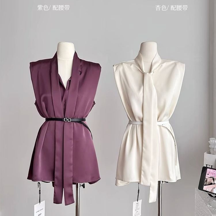 Elegant Ribbon Sleeveless Satin Shirt Top Womens Waisted French Loose Shirt Belt Pink - Image 3