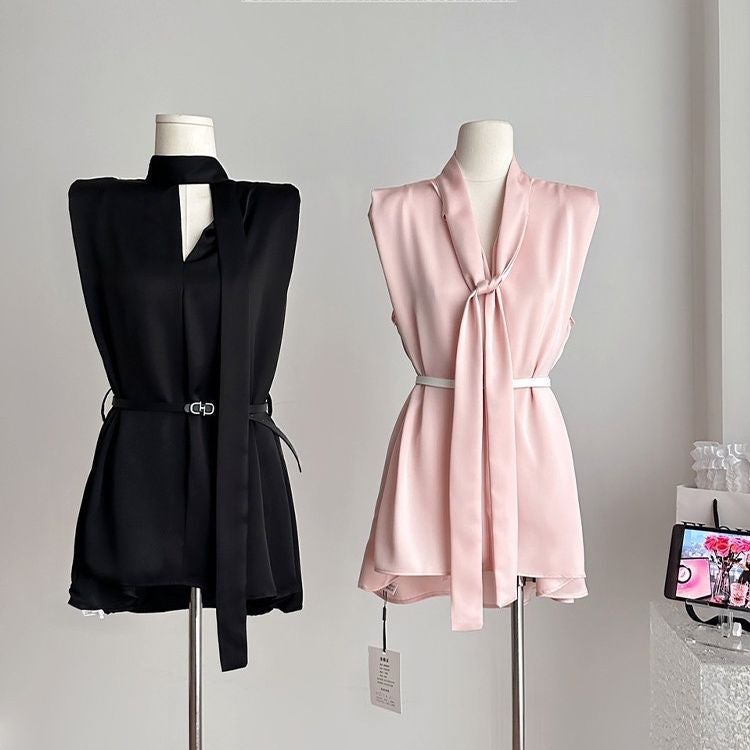 Elegant Ribbon Sleeveless Satin Shirt Top Womens Waisted French Loose Shirt Belt Pink - Image 2
