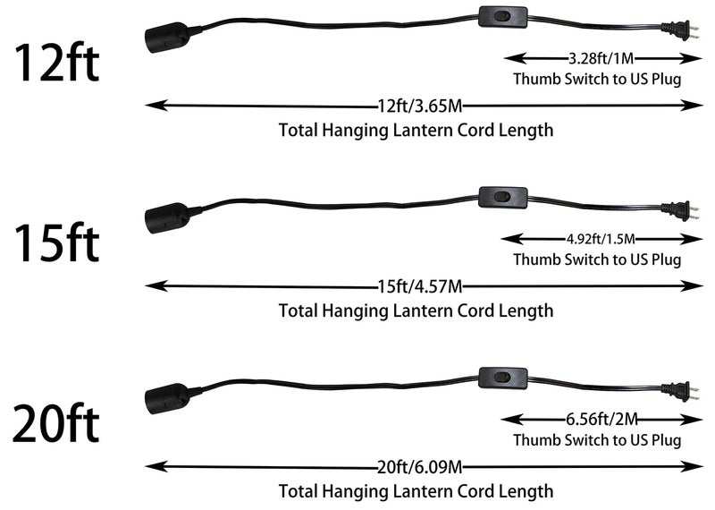 Lightingsky 15Ft-1Pack Extension Light Cord Hanging Lantern Pendant Lamp Cable E26 Bulb Socket to 2-Prong US AC Power Cord with On/Off Switch (15 Feet, Black-1 Pack) - Image 3