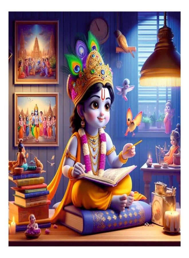 Techgifti ملصق حائط Techgifti Krishna Reading Chidiya لغرفة الصلاة، غرفة الأطفال، المكتب (المقاس - 46 سم × 46 سم) - Image 1