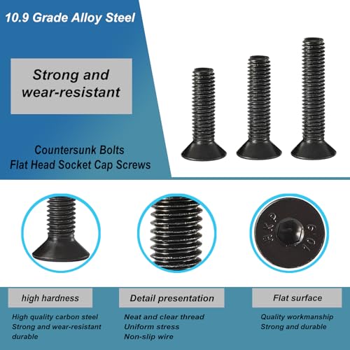 Joamang M3 x 8mm 12mm 16mm 20mm 25mm Flat Head Hex Socket Cap Screws Countersunk Bolts, 10.9 Grade Alloy Steel, Black Oxide Finish, Metric Allen Hex Drive, Fully Threaded, Assortment Kit 125Pcs - Image 5