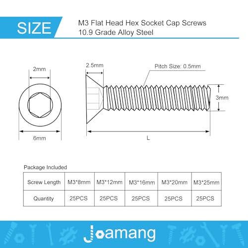 Joamang M3 x 8mm 12mm 16mm 20mm 25mm Flat Head Hex Socket Cap Screws Countersunk Bolts, 10.9 Grade Alloy Steel, Black Oxide Finish, Metric Allen Hex Drive, Fully Threaded, Assortment Kit 125Pcs - Image 2