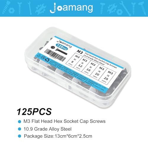 Joamang M3 x 8mm 12mm 16mm 20mm 25mm Flat Head Hex Socket Cap Screws Countersunk Bolts, 10.9 Grade Alloy Steel, Black Oxide Finish, Metric Allen Hex Drive, Fully Threaded, Assortment Kit 125Pcs - Image 4