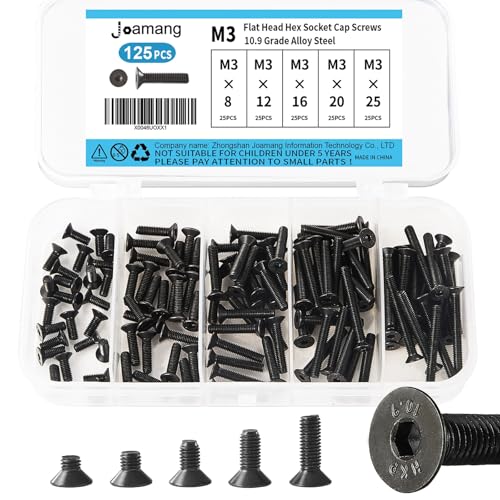 Joamang M3 x 8mm 12mm 16mm 20mm 25mm Flat Head Hex Socket Cap Screws Countersunk Bolts, 10.9 Grade Alloy Steel, Black Oxide Finish, Metric Allen Hex Drive, Fully Threaded, Assortment Kit 125Pcs - Image 1