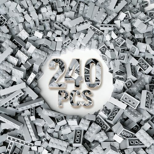 RWDTER 240 Pieces Bulk Bricks 8 Sizes of Mixed Building Blocks Compatible with Lego and All Other Brands Light Gray - Image 1
