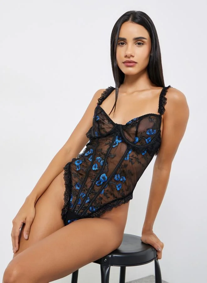 Styli Floral Embroidered Bodysuit with Ruffle Detail