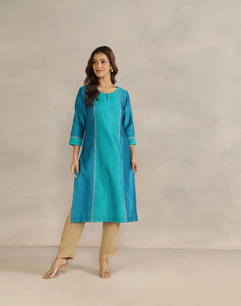 Fabindia Teal Cotton Silk Embroidered Long Kurta