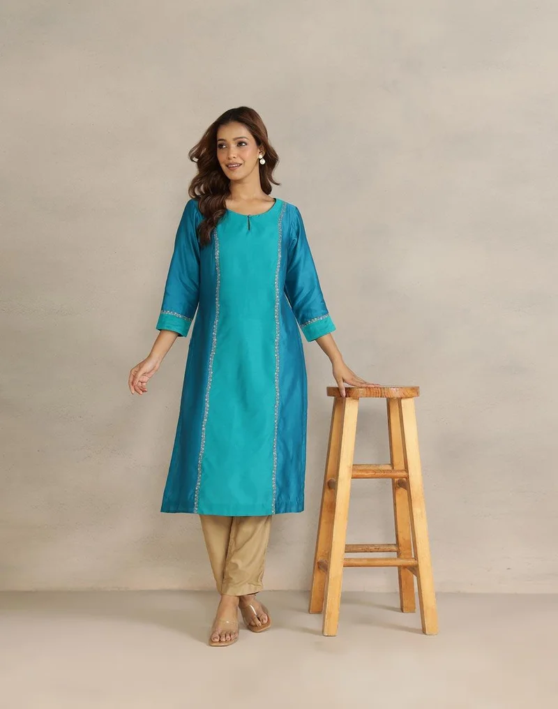 Fabindia Teal Cotton Silk Embroidered Long Kurta