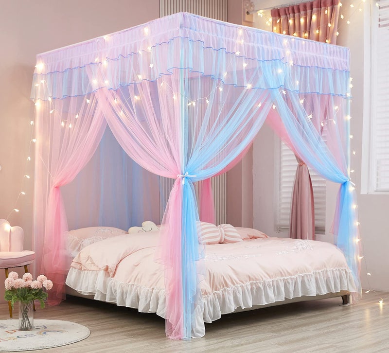 Mengersi Rainbow Canopy Bed Curtains with Lights - Princess Bed Canopy for Girls - Bed Drapes Netting- Bedroom Decoration Accessories,Full - Image 1