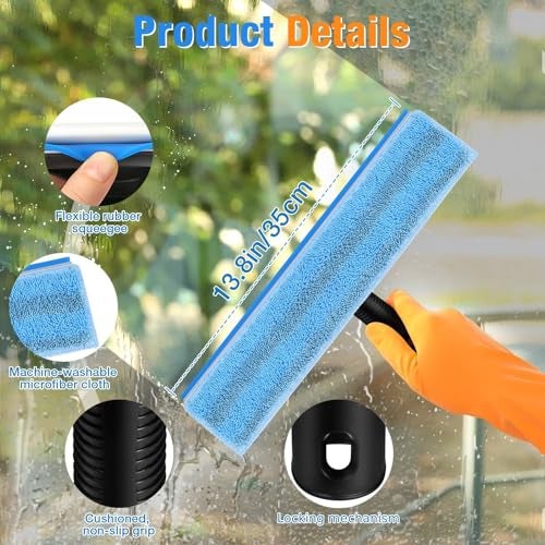 SOBONNE Window Squeegee for Home Window Cleaning – Squeegee and Microfiber Window Scrubber, Glass Squeegee for Shower Glass Door,Mirror,Car Windshield,Bathroom,Household Window Cleaner Tool,13.8",Blue - Image 2
