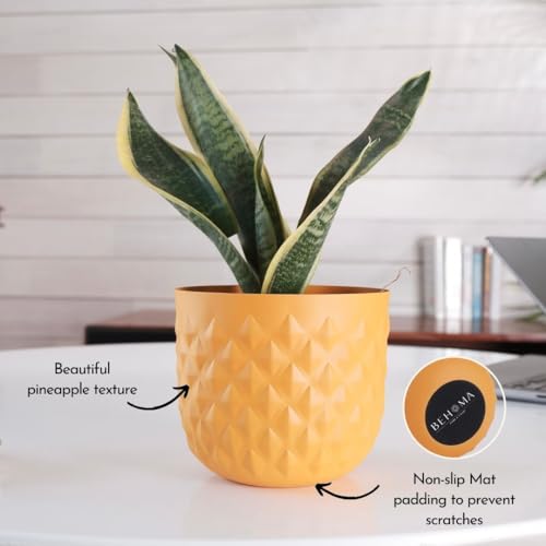 BEHOMA Metal Indoor Planter | Pineapple Texture Modern Plant Pot | Drawing Room Balcony Office Decor for Small Plants | 5.3” (Height) by 5.9” (Dia) | Mango Yellow 1 Pc | (Plant not Included) - Image 5