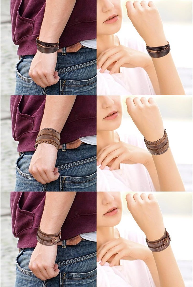 Oidea Assorted 3pcs Mens Punk Multistrand Leather Braided Bangle Cuff Bracelet for Biker Dad Father Size Adjustable - Image 4