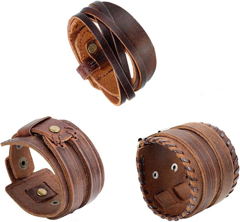 Oidea Assorted 3pcs Mens Punk Multistrand Leather Braided Bangle Cuff Bracelet for Biker Dad Father Size Adjustable - Image 1
