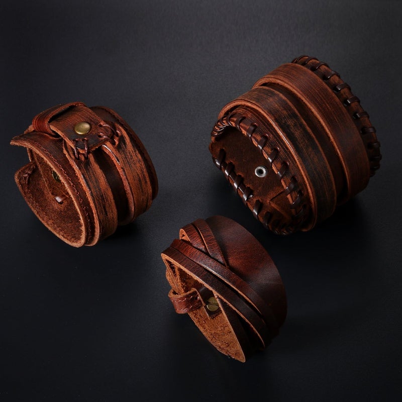 Oidea Assorted 3pcs Mens Punk Multistrand Leather Braided Bangle Cuff Bracelet for Biker Dad Father Size Adjustable - Image 2