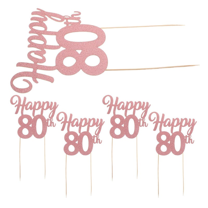 Glitter Happy 80th Birthday Cake Topper Set 5pcs Cupcake Picks Anniversary Party Decorations - Image 2