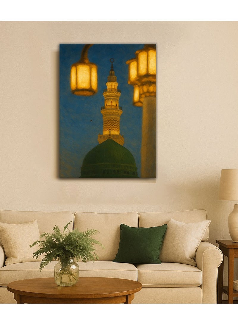 تذكار لوحة كانفاس مطبوعة بإطار خشبي  أنوار المدينة ومئذنة المسجد النبوي بأسلوب زيتي ليلي من تذكار - Image 1