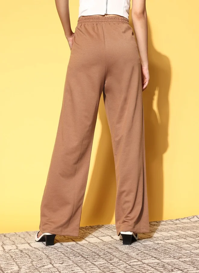 SASSAFRAS Chic Brown Solid Track Pants for Women