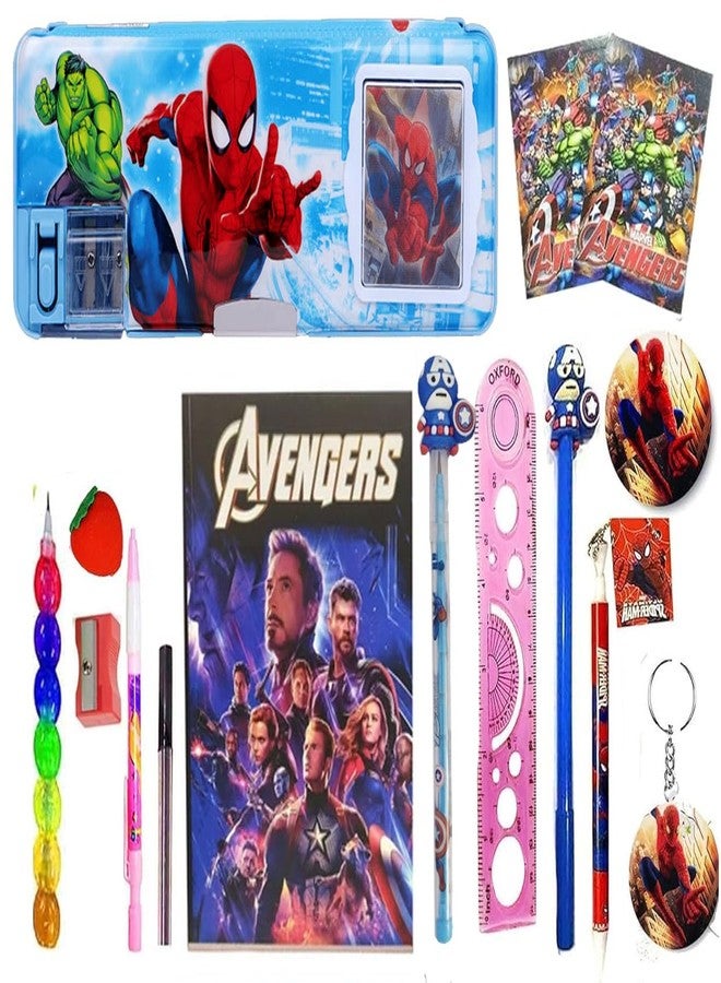 Neel Marvel Avenger Spider-Man Pencil Box Combo with Integrated Sharpener and Calculator, Magnetic Lock, Dual Compartments, with Kids Stationery Set Students Combo Set for Return Gift Set