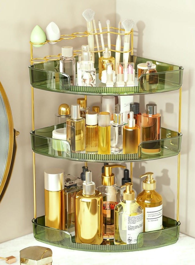 FELIZHOUSE 3-Tier Makeup Organizer for Vanity & Bathroom Countertop – Acrylic Storage Shelf with Perfume Tray & Makeup Brush Holder, Tool-Free Installation, Design for Bathroom & Dresser - Green - Image 1