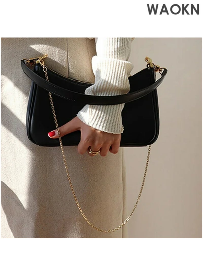 WAOKN Retro Women Solid Color Zipper Phone Bag Clutch Tote Handbags with 2 Removable Straps and Zipper Closure Crossbody Bags Shoulder Purse Handbag for Women - Black - Image 5