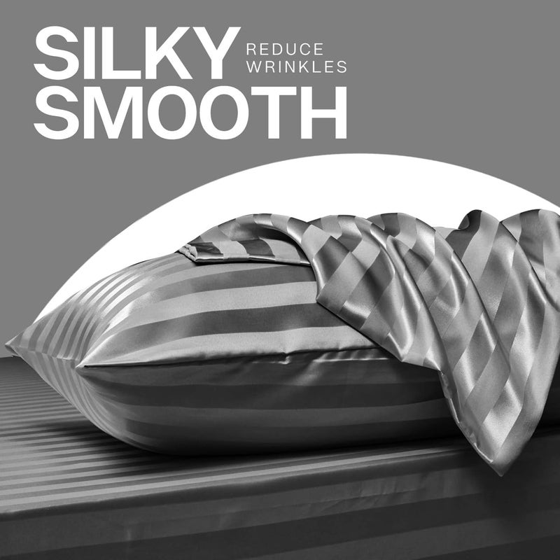 MR&HM Satin Pillowcase for Hair and Skin, Silk Satin Pillowcase 2 Pack, Queen Size Pillow Cases Set of 2, Silky Pillow Cover with Envelope Closure (20x30, Dark Grey Striped) - Image 4