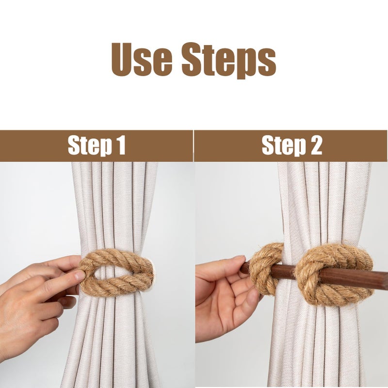 JELUTRIC Curtain Tiebacks Farmhouse Holdbacks,Nautical Boho Rustic Curtain Holders,Cotton Jute Rope with Wood Club,Wood Vintage Natural Woven Curtain Ties for Window Drapery 2Pcs - Image 5