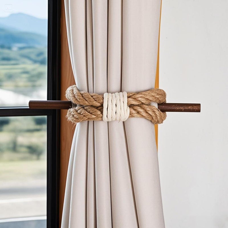 JELUTRIC Curtain Tiebacks Farmhouse Holdbacks,Nautical Boho Rustic Curtain Holders,Cotton Jute Rope with Wood Club,Wood Vintage Natural Woven Curtain Ties for Window Drapery 2Pcs - Image 1